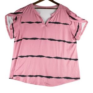 Womens 3XL Pink Black Stripe Top Short Sleeve Casual‎ Blouse Shirt Plus Size